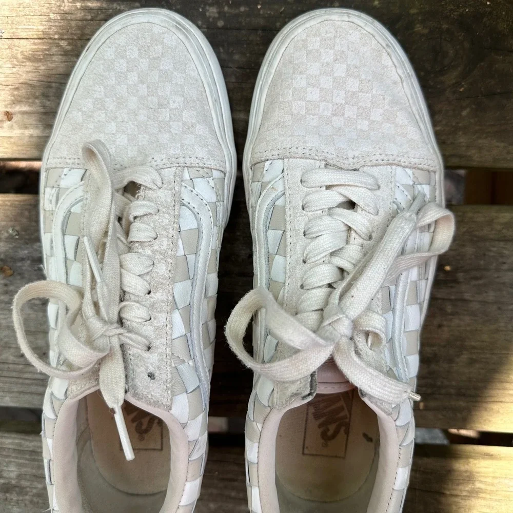 Vans Old Skool Woven Leather Checkerboard Sneakers Beige Men's Sz 8 Women's 9.5 - Picture 6 of 9